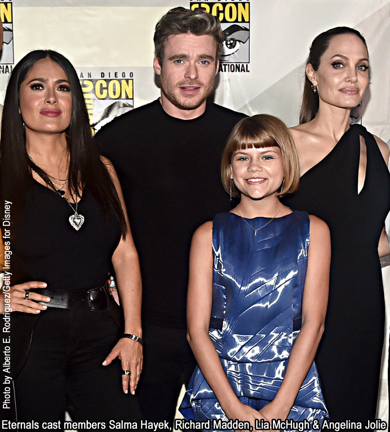 Eternals cast members Salma Hayek, Richard Madden, Lia McHugh and Angelina Jolie