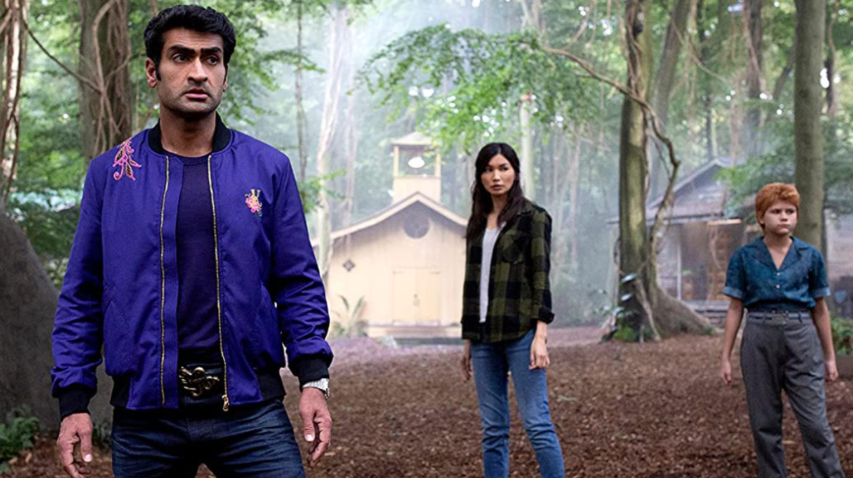 Kumail Nanjiani, Gemma Chan and Lia McHugh in Eternals