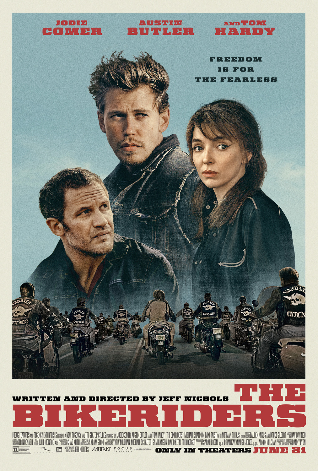 The Bikeriders poster starring Jodie Comer, Austin Butler and Tom Hardy